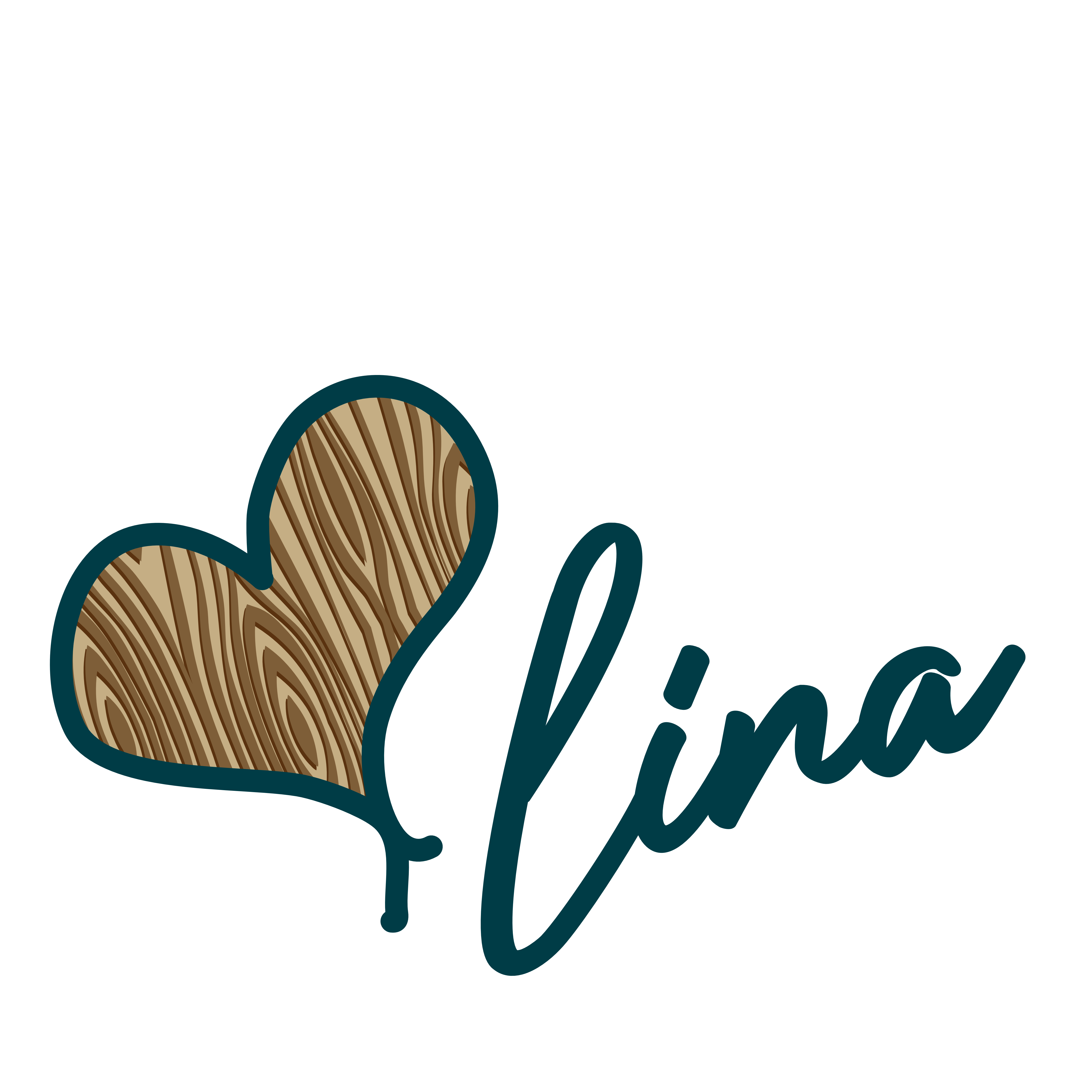 drawing of a heart with wood grain outlined in teal. and "lina" written in script.